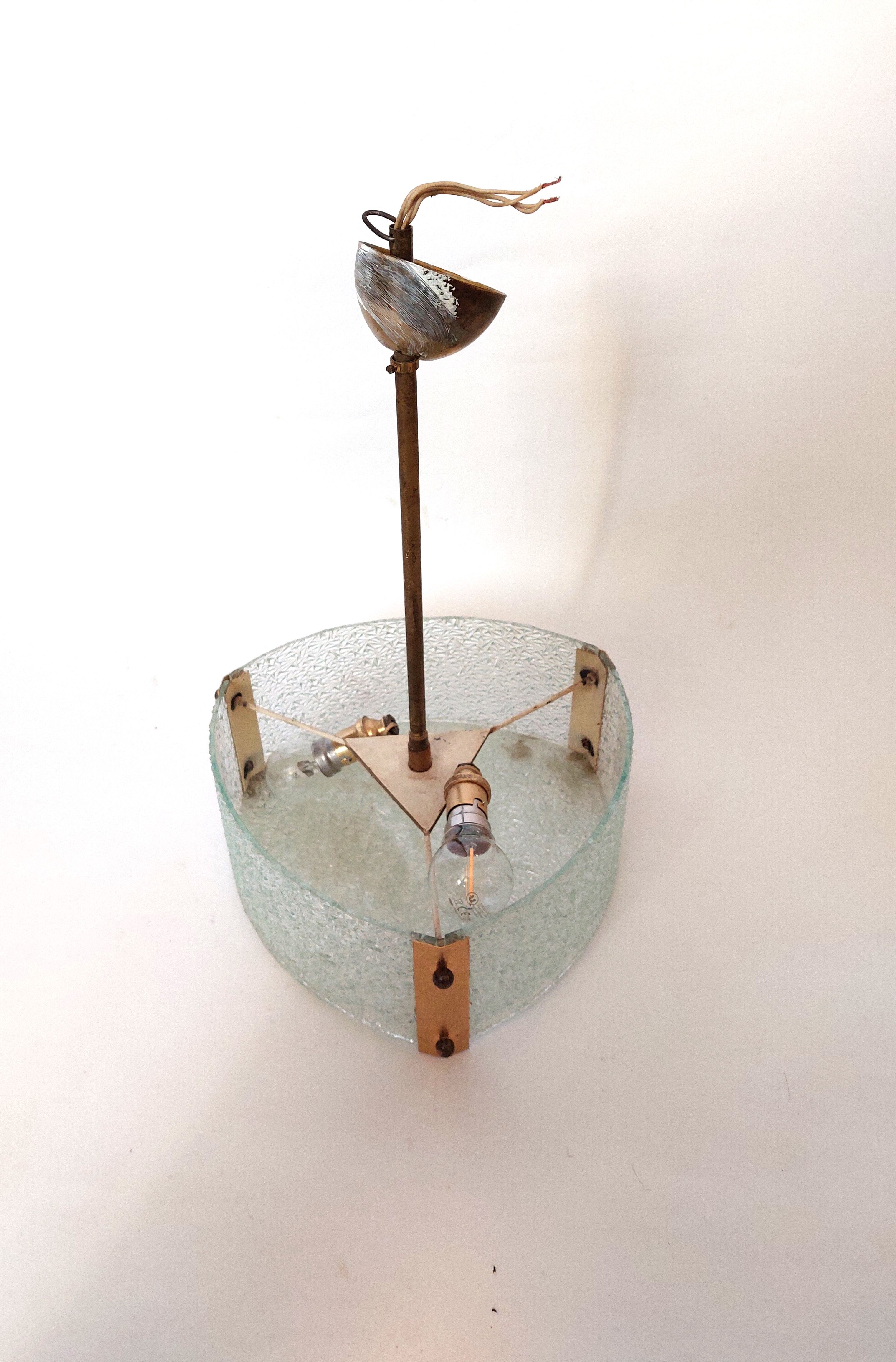 Vestibule pendant lamp in gilded brass and granite glass 1950 with two lights