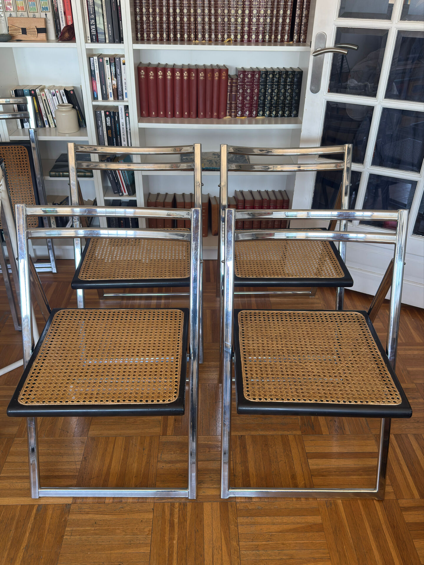 Set of 4 Italian folding chairs with caning.