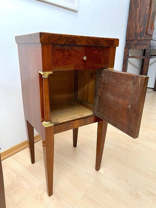 Empire Nightstands in Walnut with Full Columns in Gilt Brass, Italy, 1810, Set of 2