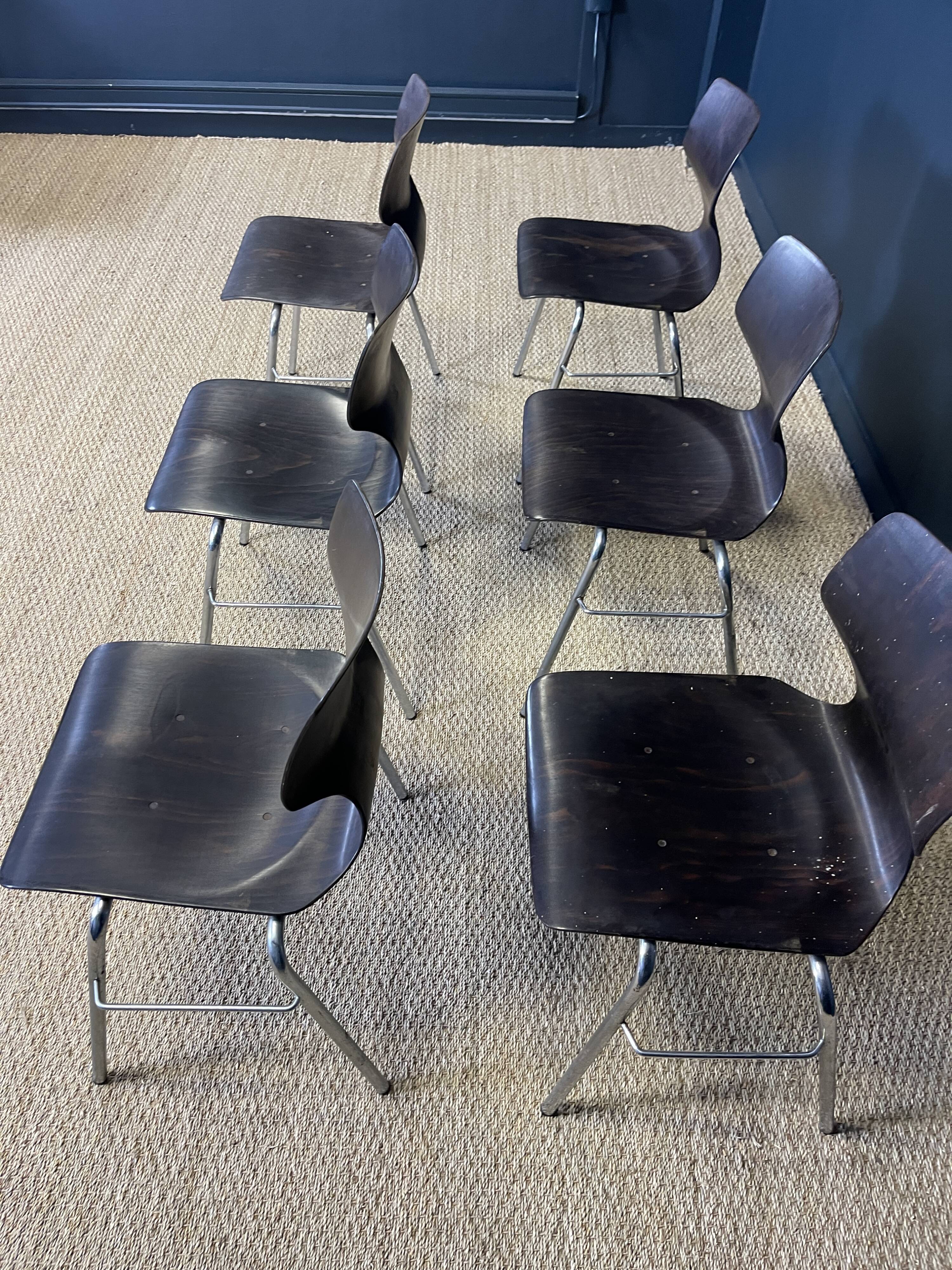 Set of 6 Flototto chairs wenge wood chrome steel 70s