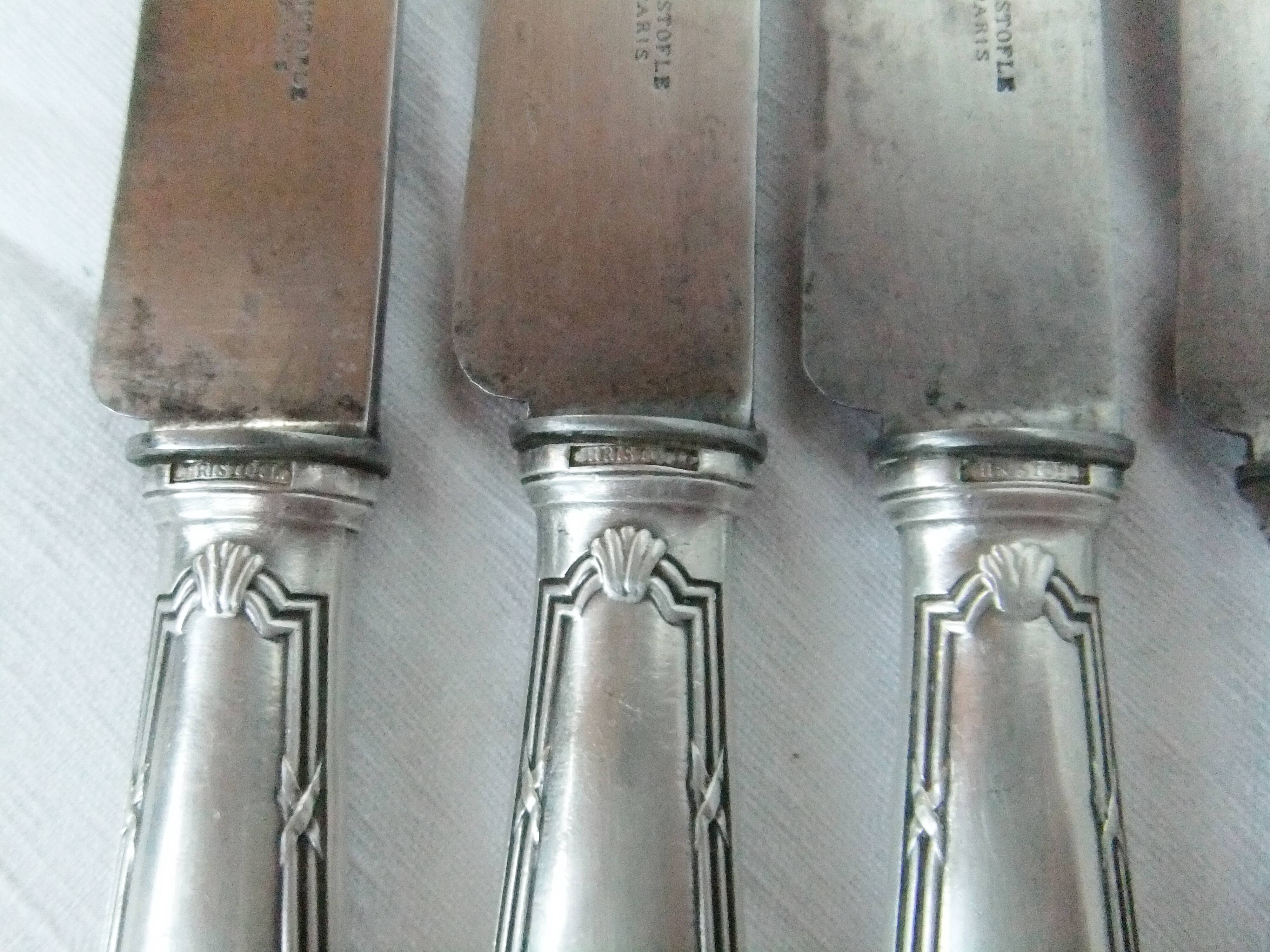 12 Christofle table knives Louis XVI bow ribbon Silver metal punch balance steel blade