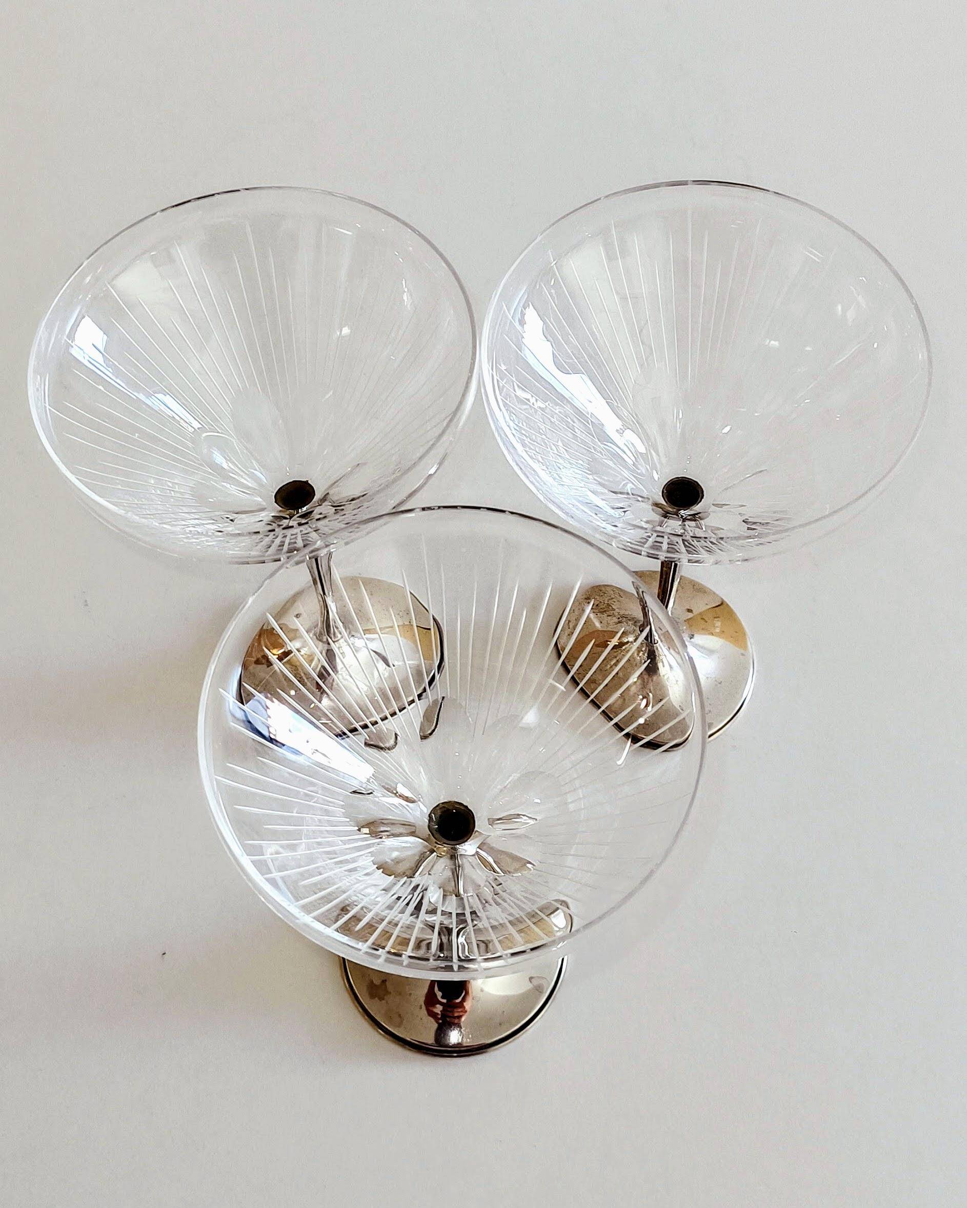 Art Deco Champagne Glasses Set of 3, Sterling Silver & Cut Glass