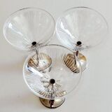 Art Deco Champagne Glasses Set of 3, Sterling Silver & Cut Glass