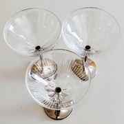 Art Deco Champagne Glasses Set of 3, Sterling Silver & Cut Glass