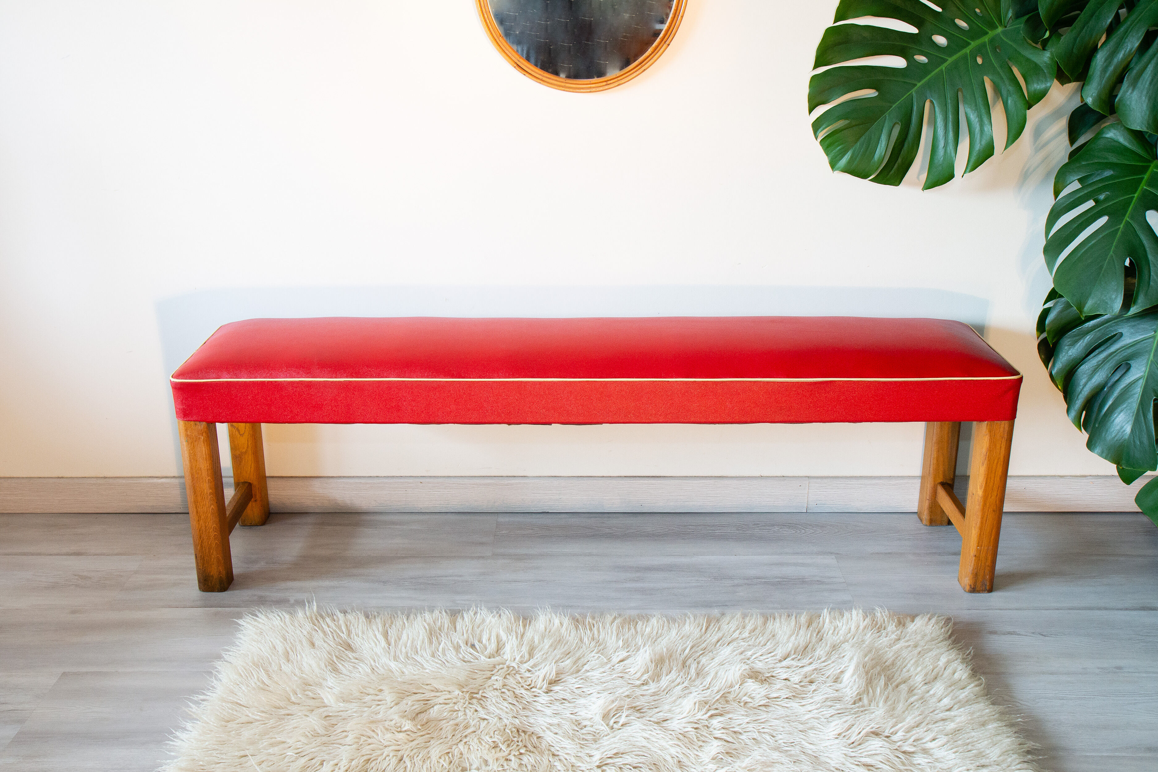 50s bench, wood and vinyl