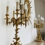 Pair of gilded bronze candlesticks, marble bases.