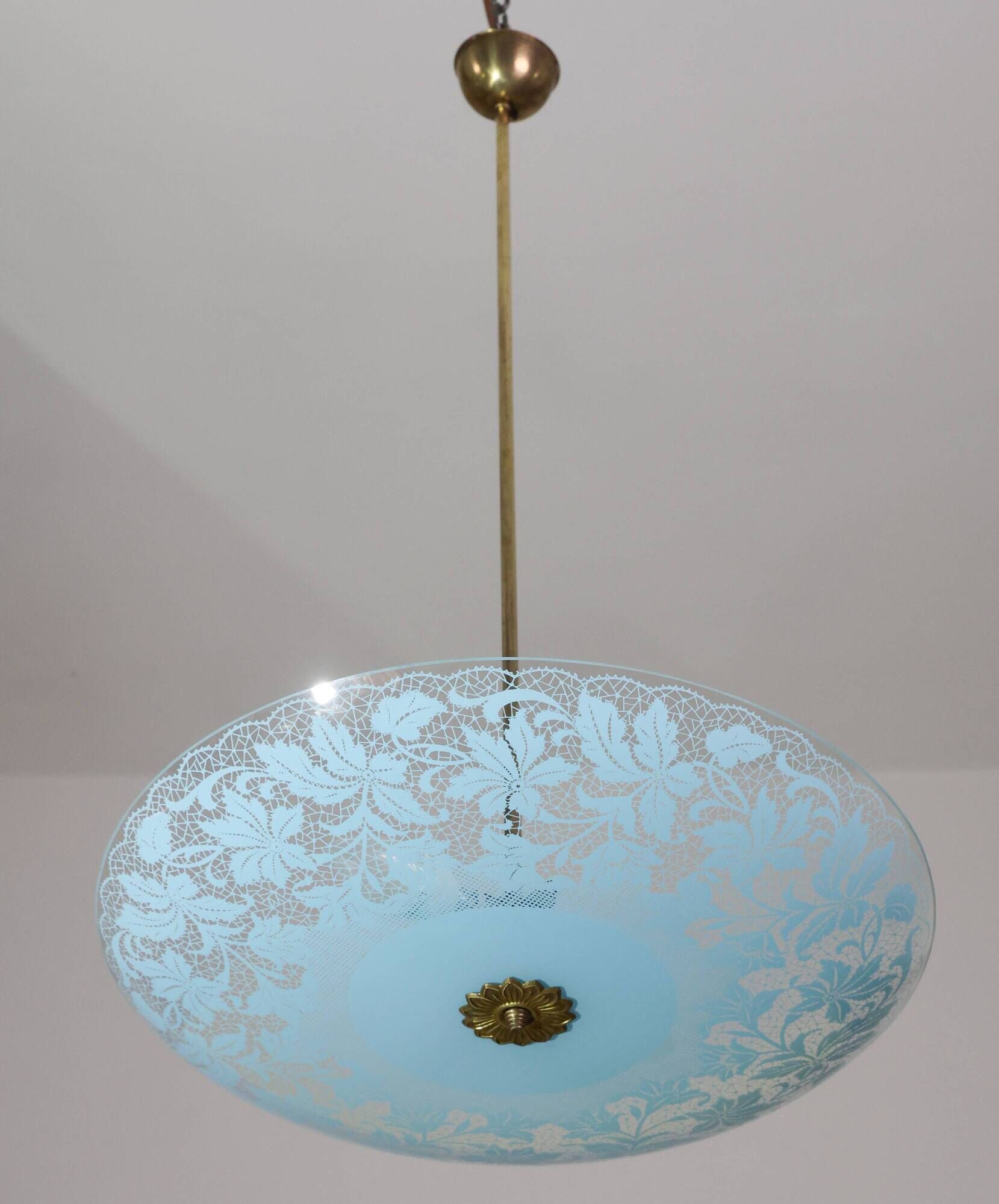 Italian Vintage Floral Glass and Brass Pendant Chandelier, Mid-Century, 2 L