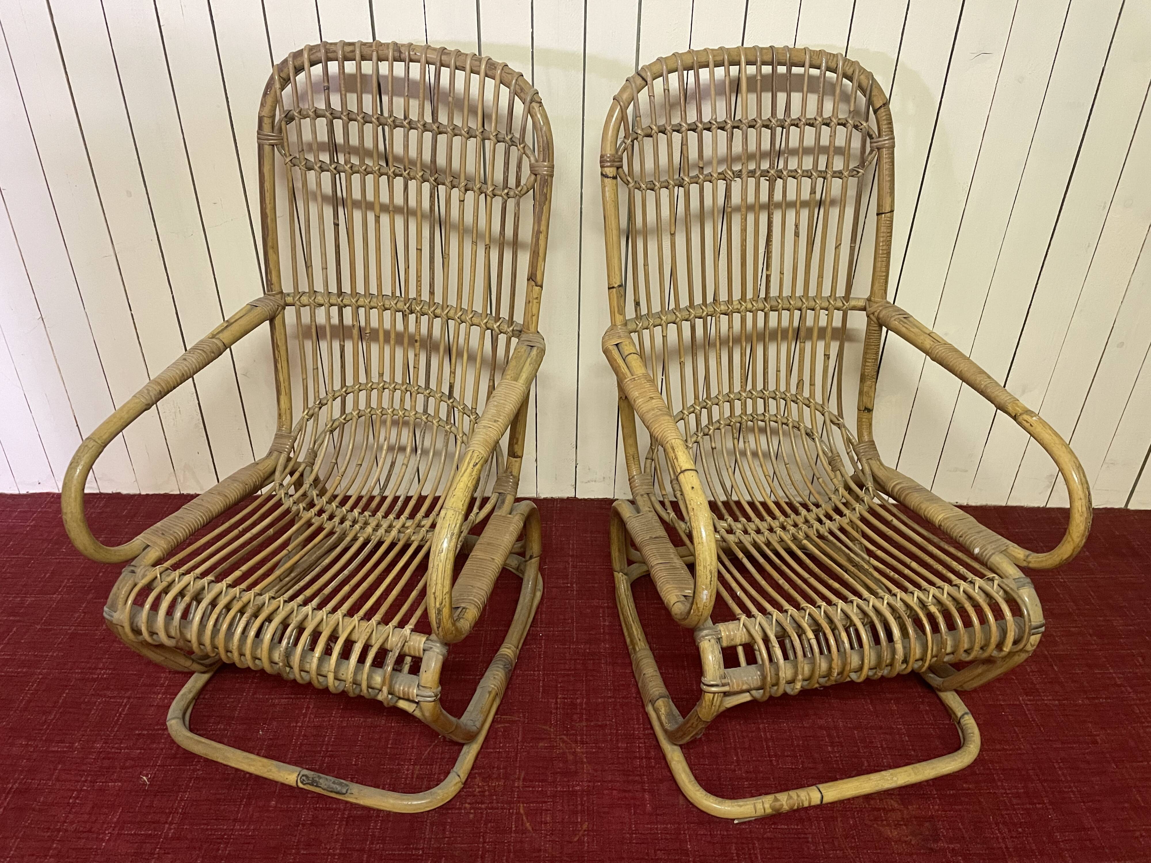 Pair of vintage rattan armchairs, Italy 1950