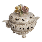 Vintage decorative soup tureen in Italian ceramic with relief floral decoration.