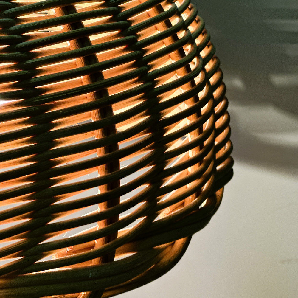 Large French rattan floor lamp, mushroom shade, vintage wicker standing lamp