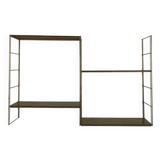 Steel string shelf with faux wood, twisted gold supports from the 1960s.