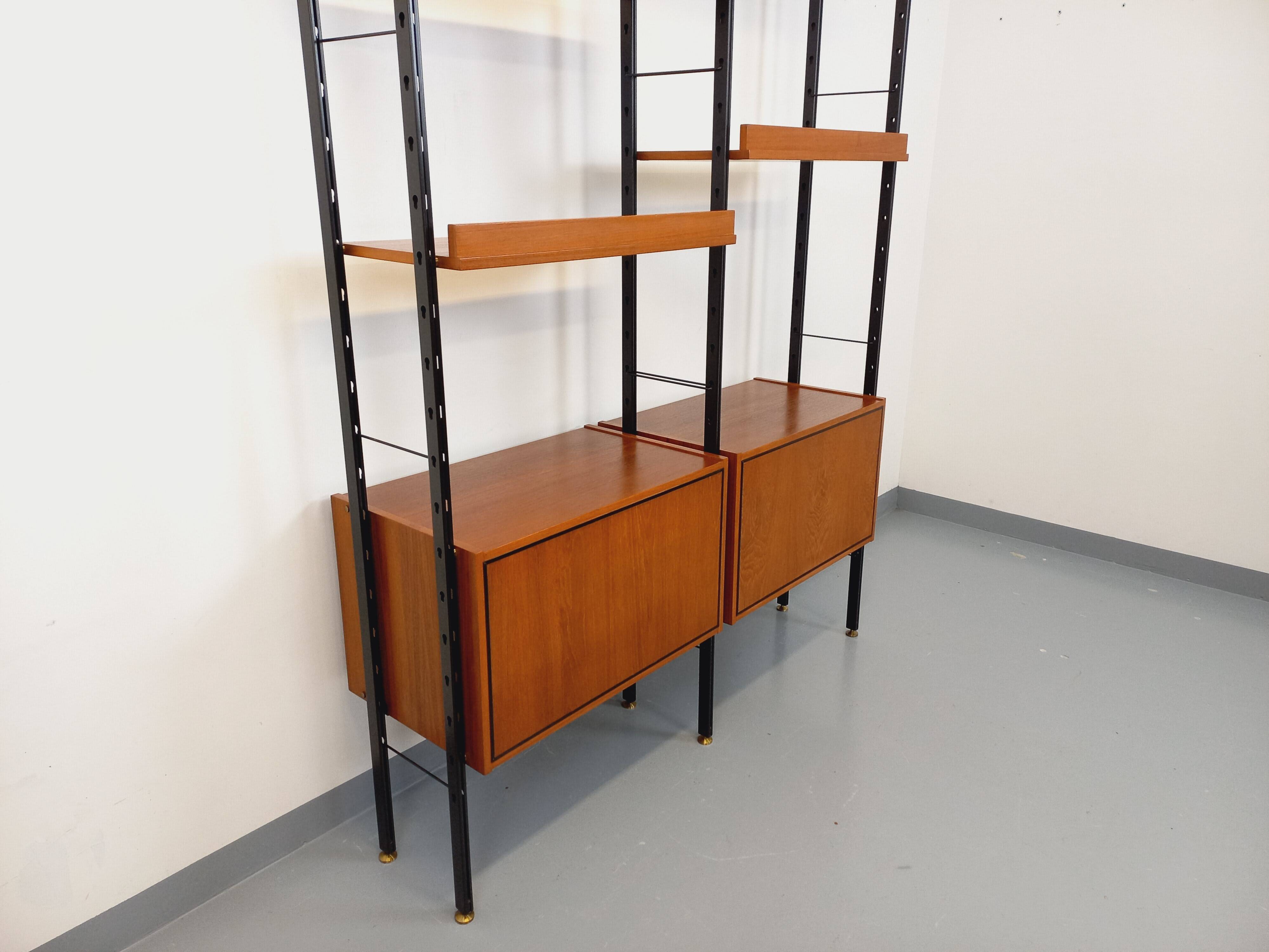 Vintage Italian double modular shelf bookcase in teak and metal