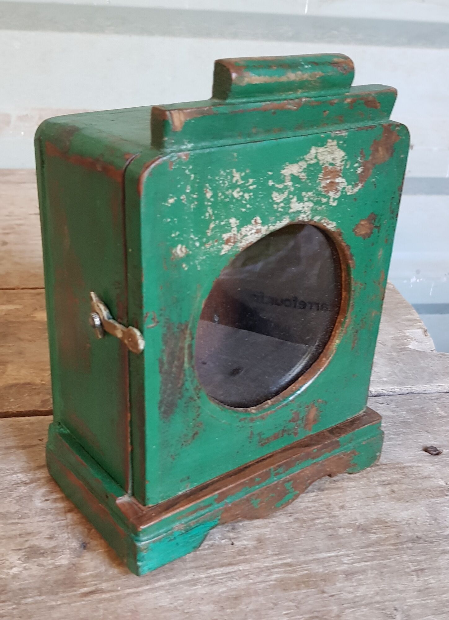Old art deco wall display case in original green teak