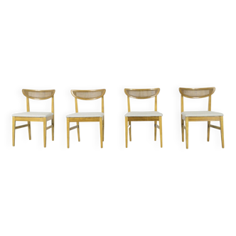 Très rare ensemble de 4 chaises bergères vintage en teck et cannage du milieu du siècle