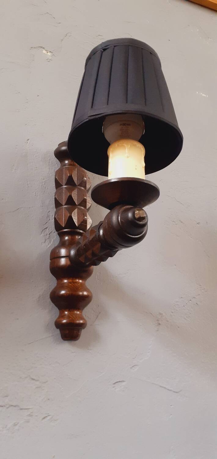 Pair of 60s Brutalist wall lights in varnished wood