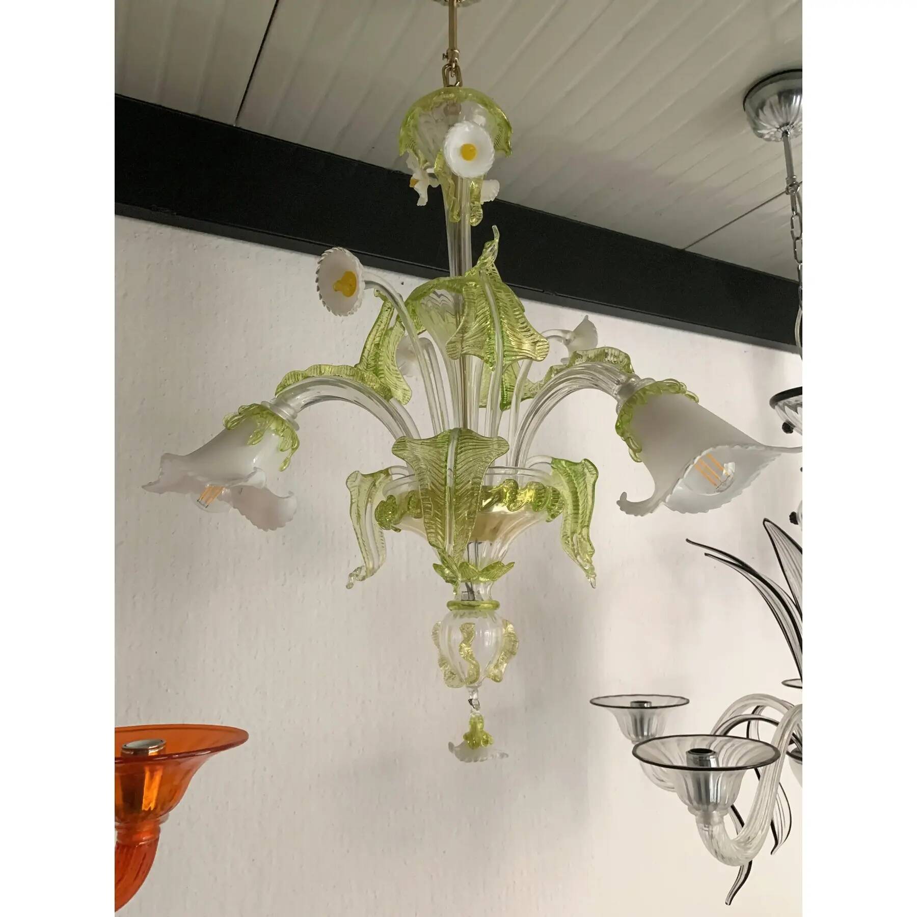Floral and Green Leaf Milky “Calle” Glass Chandelier