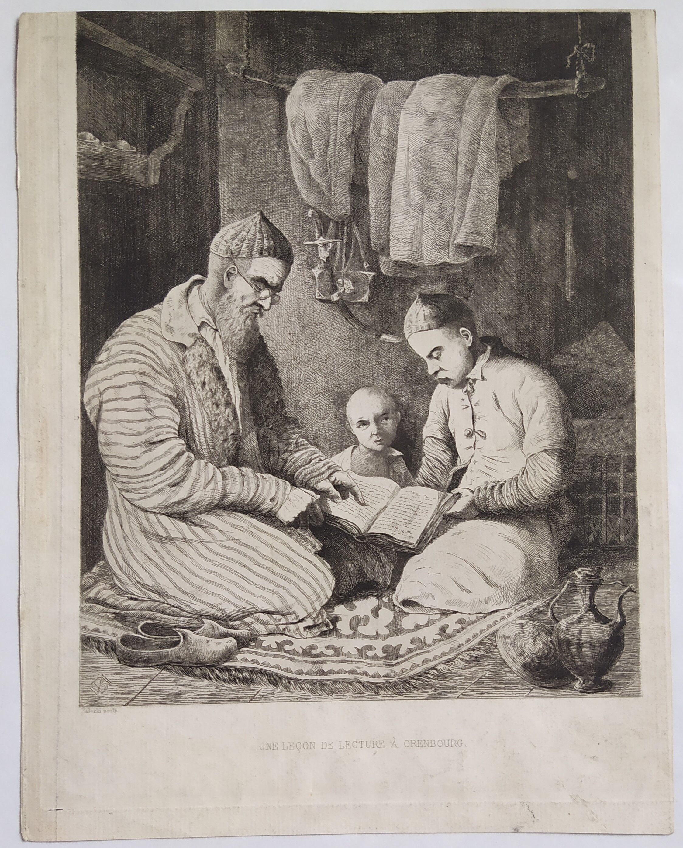Engraving XIXth "Reading lesson in Orenburg & Country Ugsters"