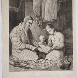 Engraving XIXth "Reading lesson in Orenburg & Country Ugsters"