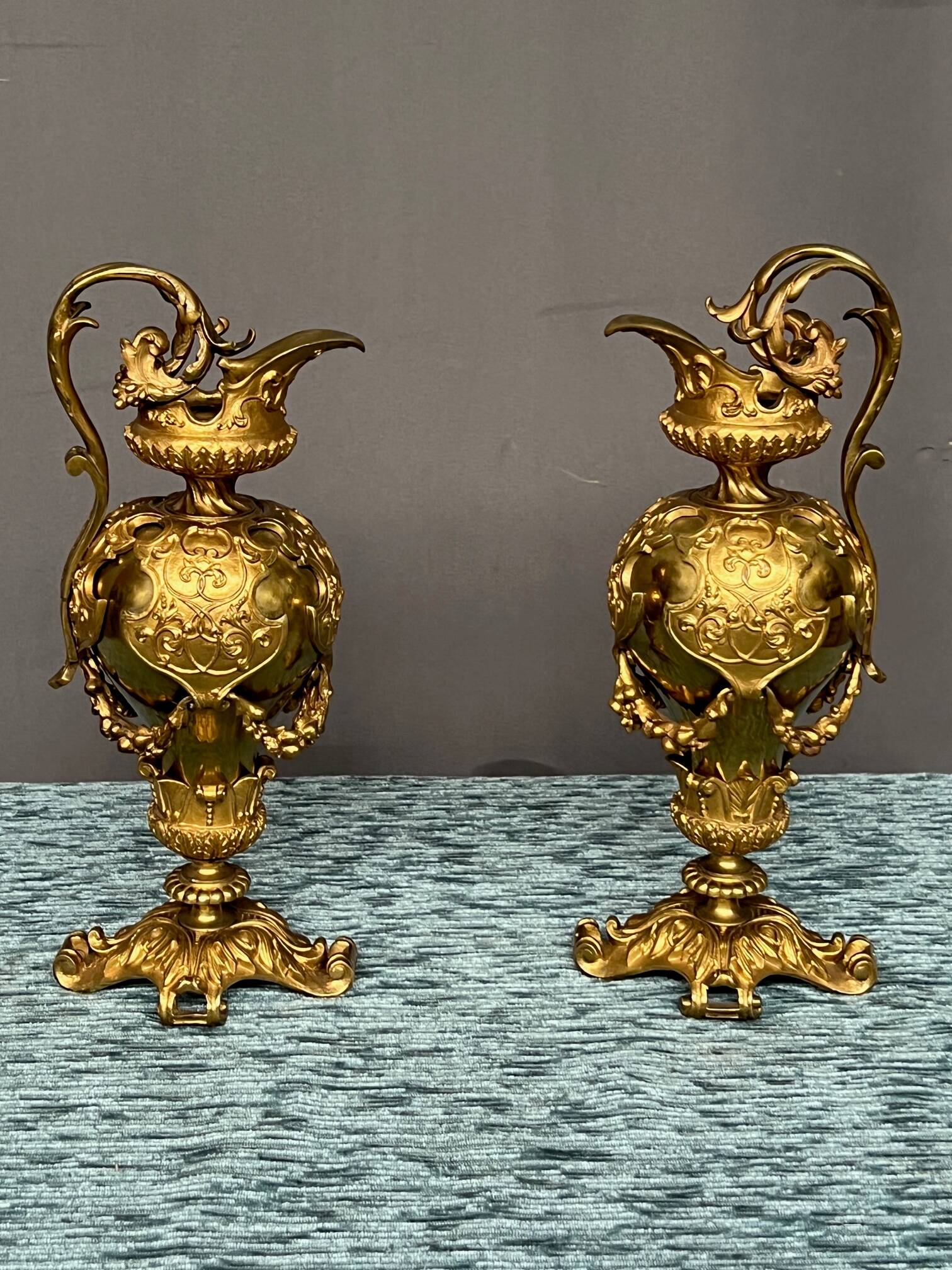 Pair of neo-Renaissance gilt bronze pitchers.