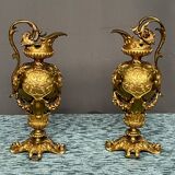 Pair of neo-Renaissance gilt bronze pitchers.