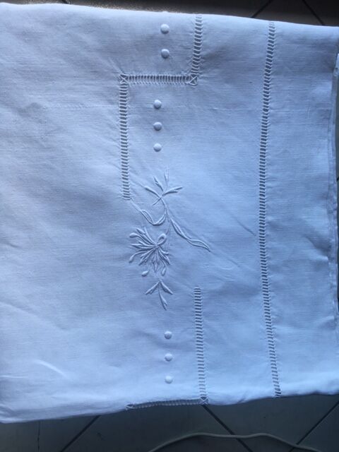 Antique linen sheet embroidered by hand and monogram t t 226 x 324