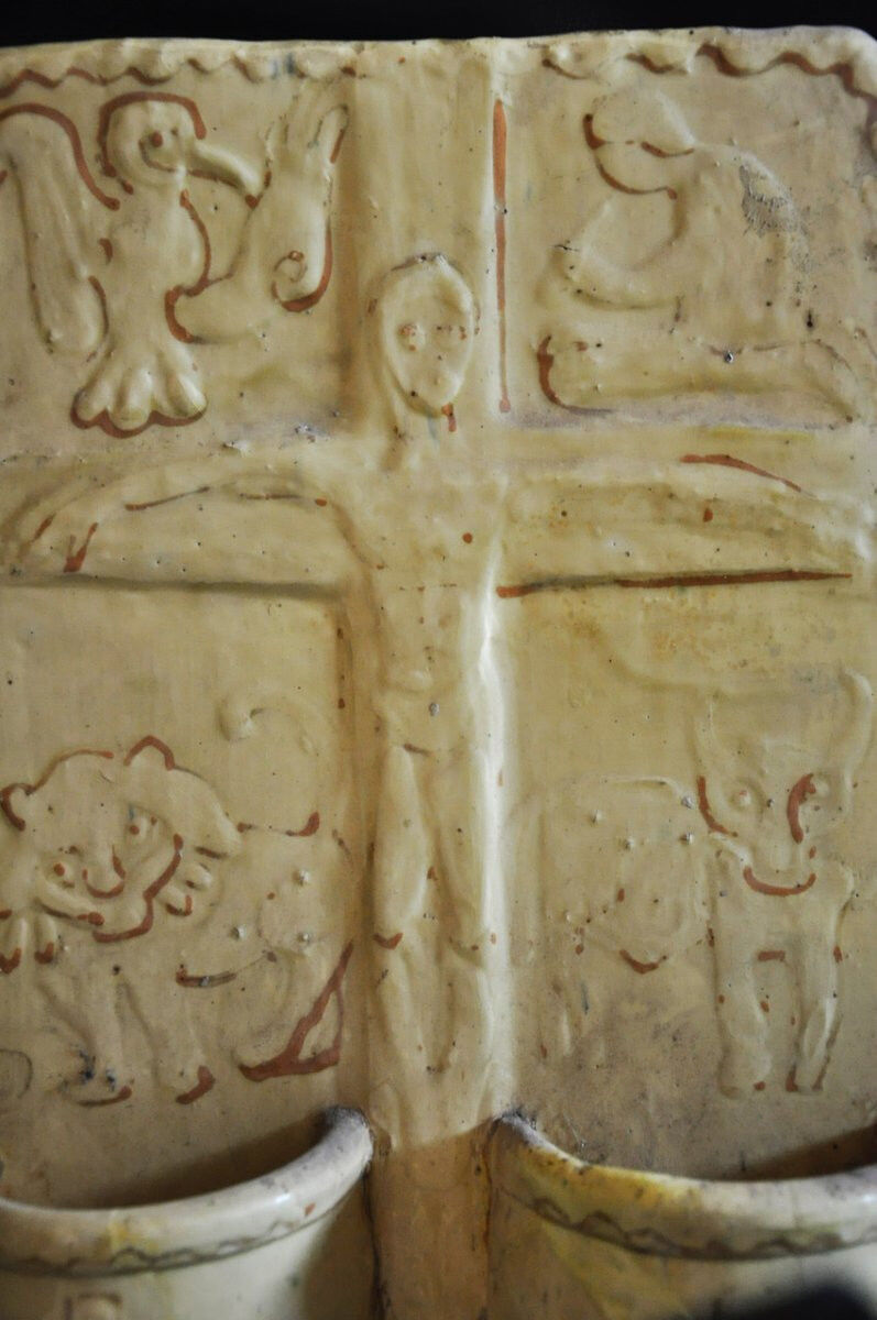 Terracotta plaque signed MSD Anne Dangar Moly-Sabata enamelled with double holy water font