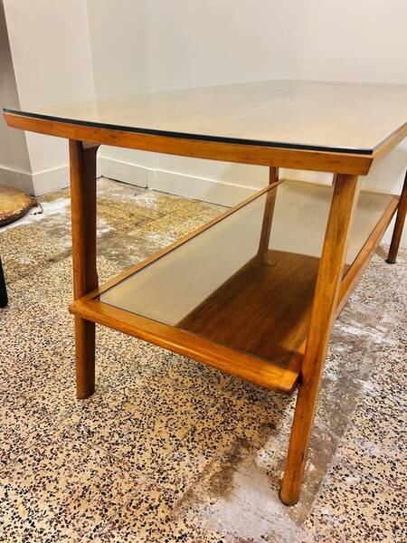 Vintage Scandinavian wood and glass coffee table