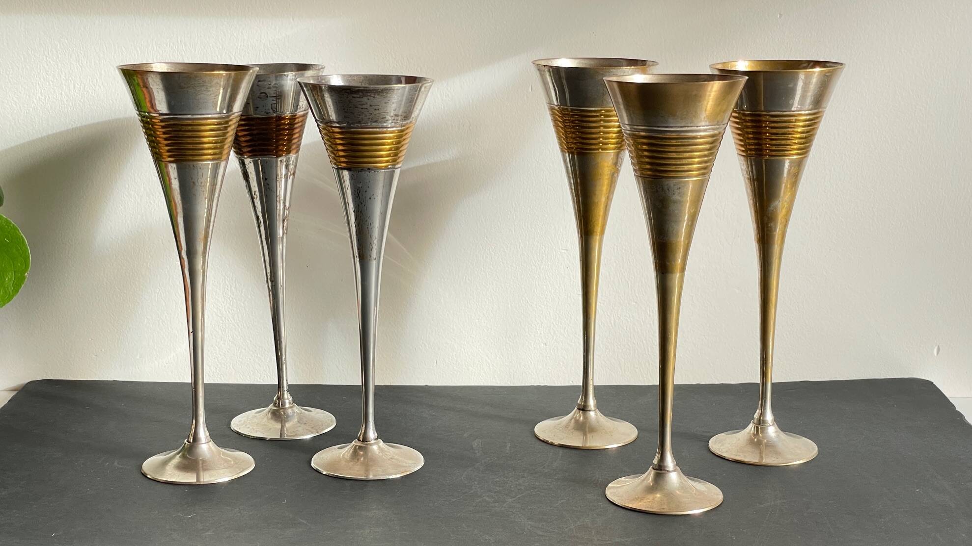 6 Vintage Silver-Plated Brass Champagne Flutes