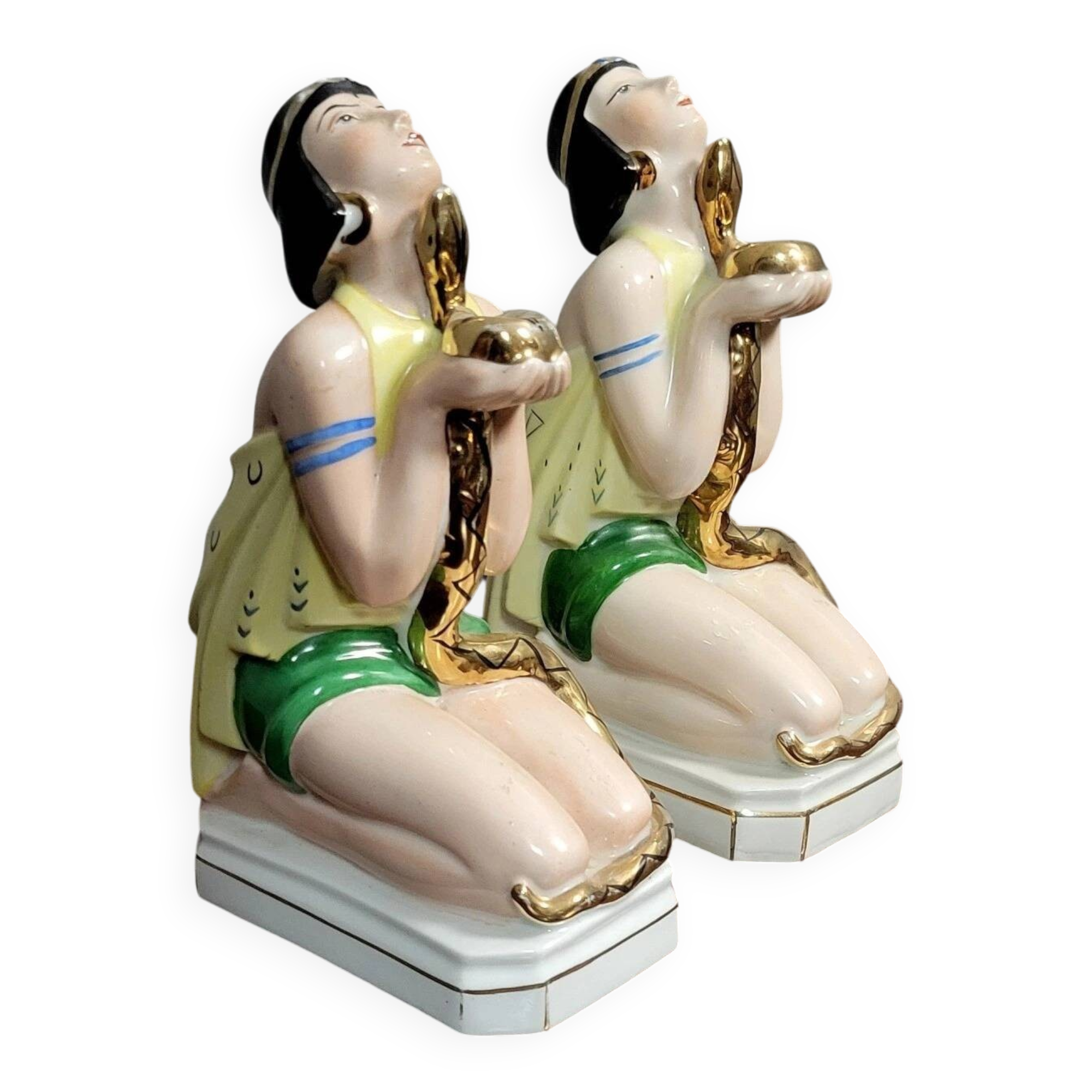 Pair of polychrome porcelain night light statues in Art Nouveau style