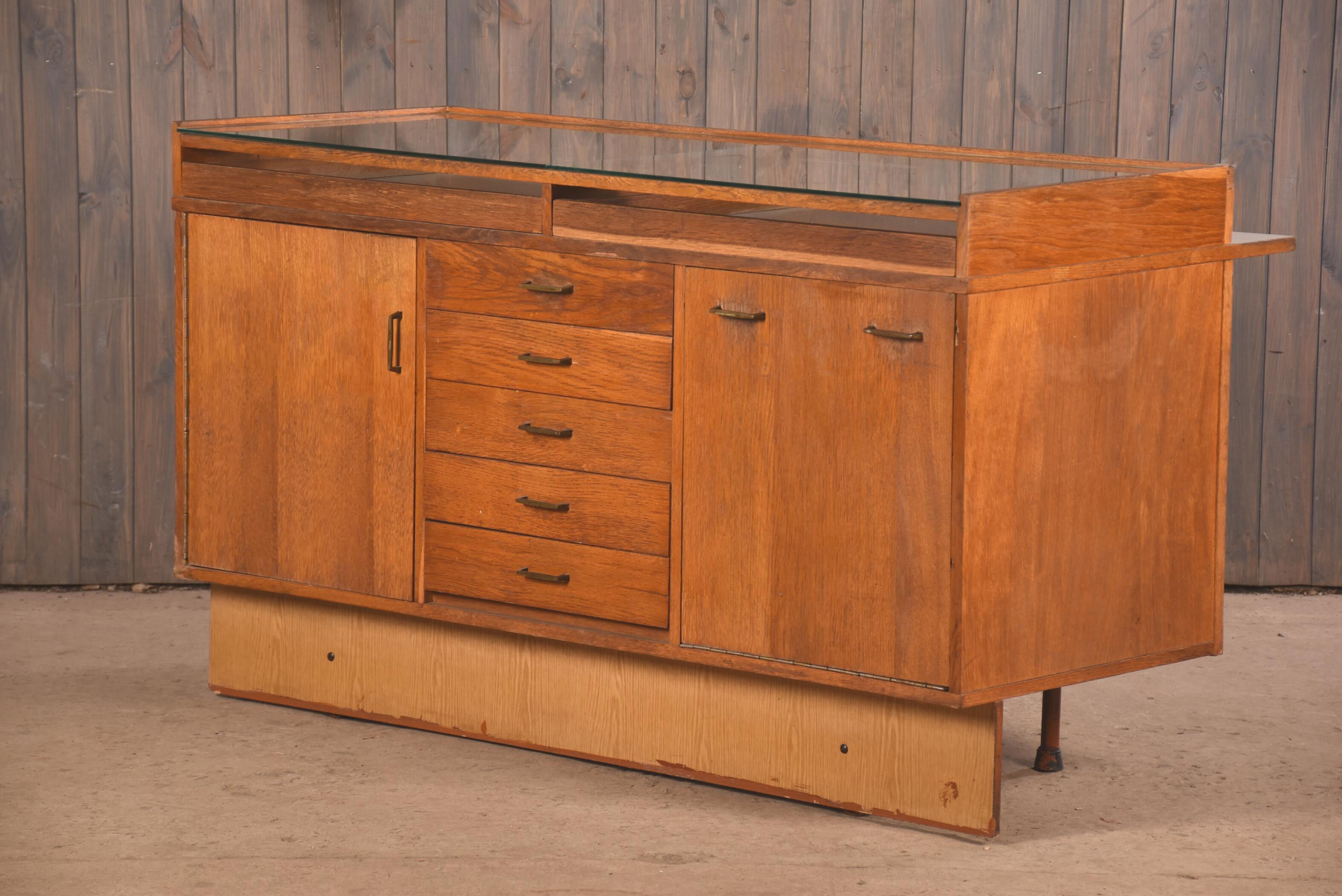 Vintage pharmacy counter showcase