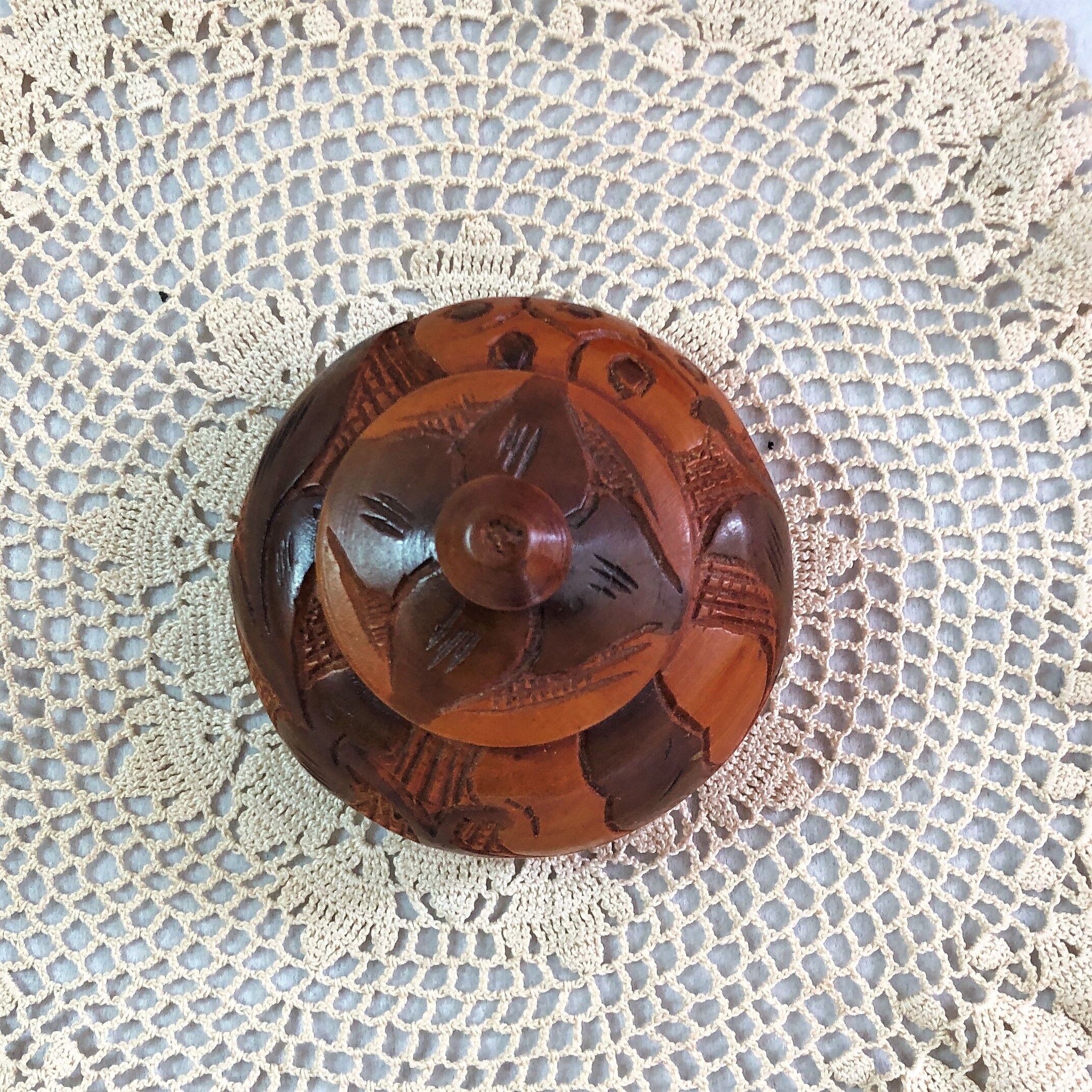 Handmade wooden box brown copper polychrome vintage