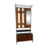 Vintage wooden coat rack, freestanding, with mirror and storage space.