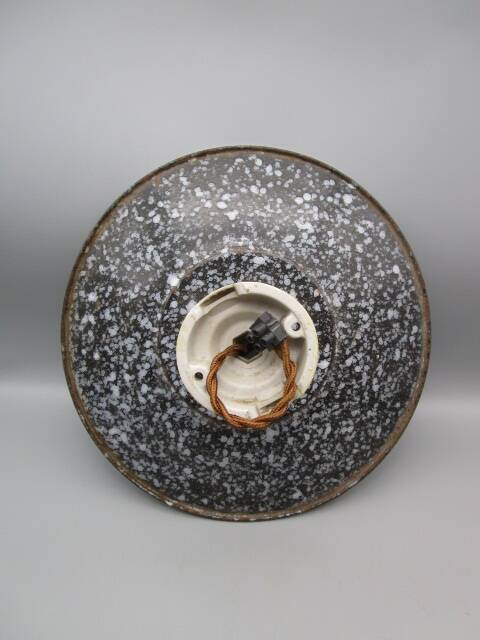 Old pendant light in speckled gray enameled sheet metal