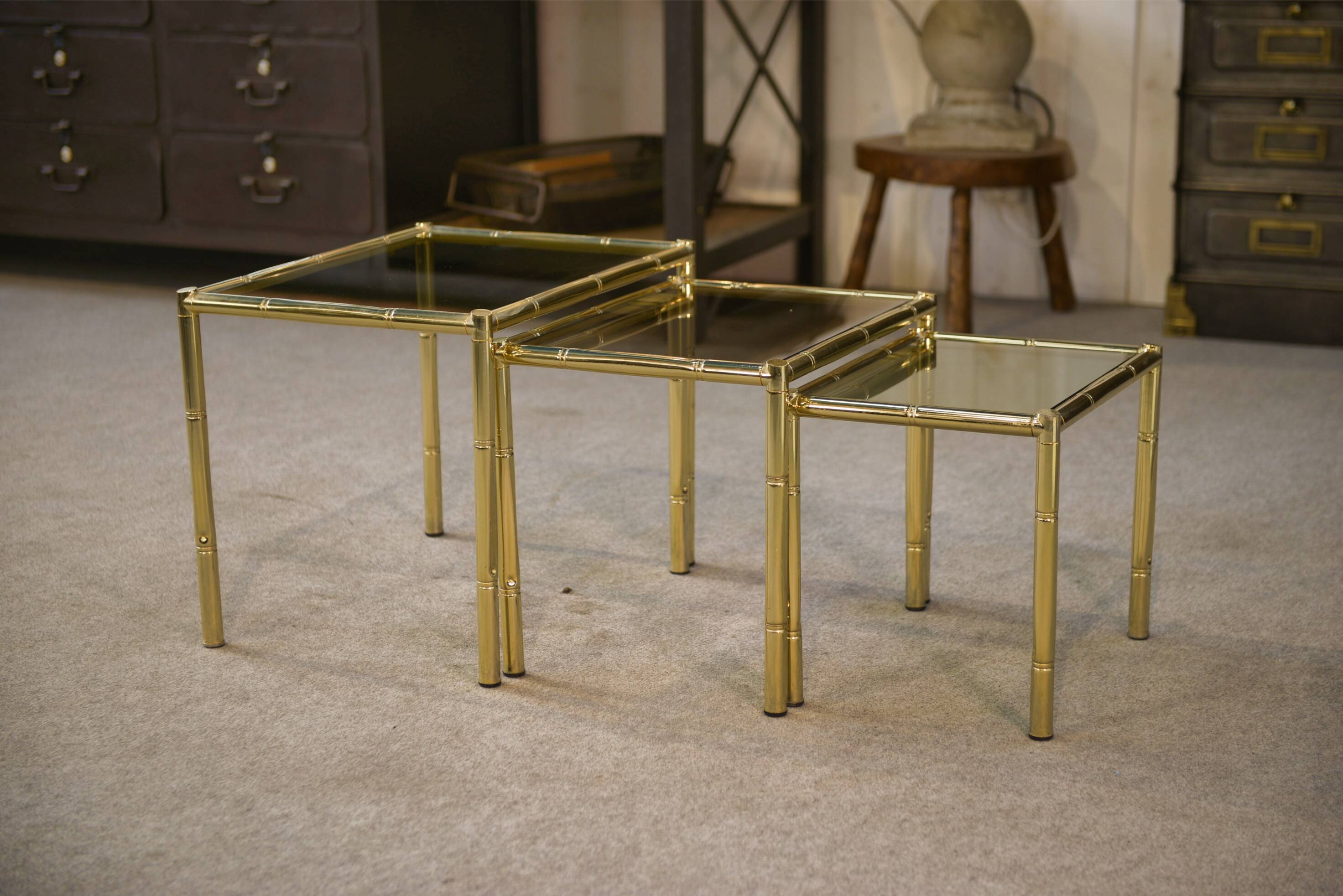 Bamboo imitation brass nesting tables 1980s