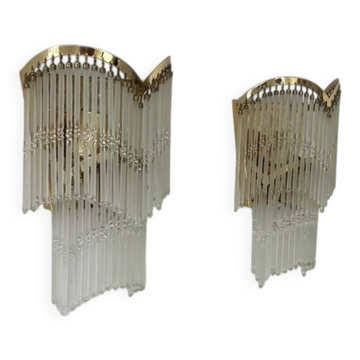 Pair of vintage wall lights, brass and glass pendants, Italy 1970.