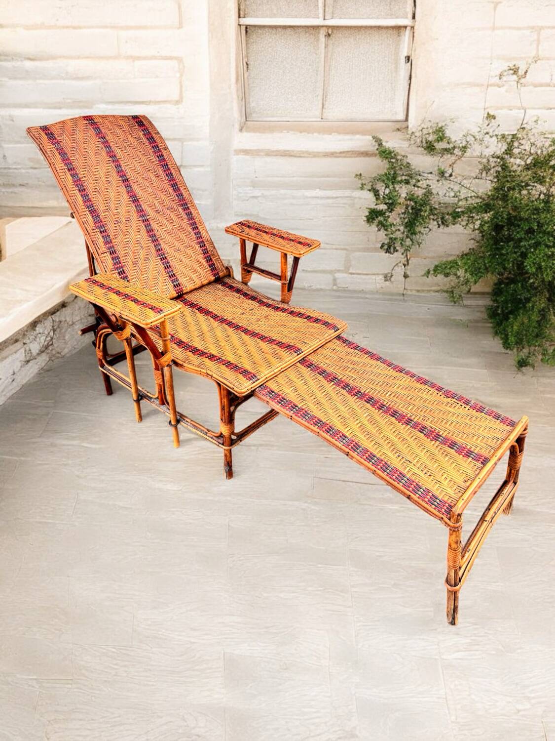 Antique rattan and wicker chaise longue, circa 1930