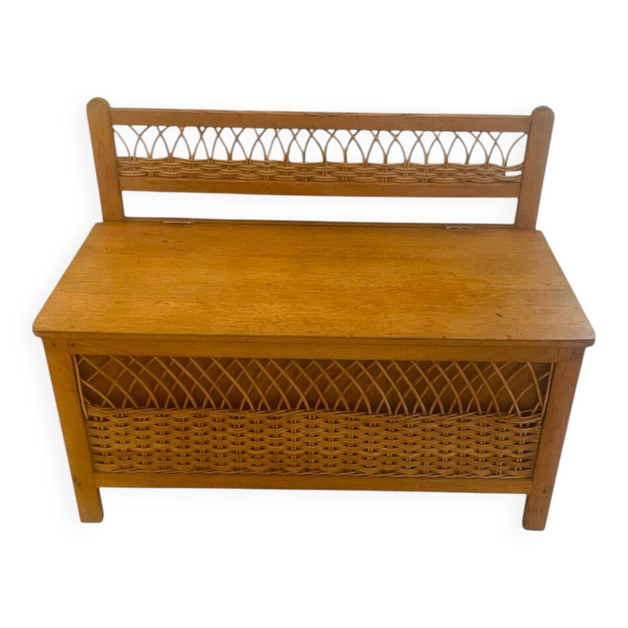 Wooden and rattan toy chest bench