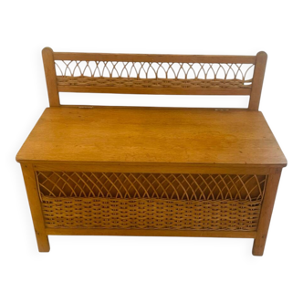 Banc coffre à jouets bois et rotin