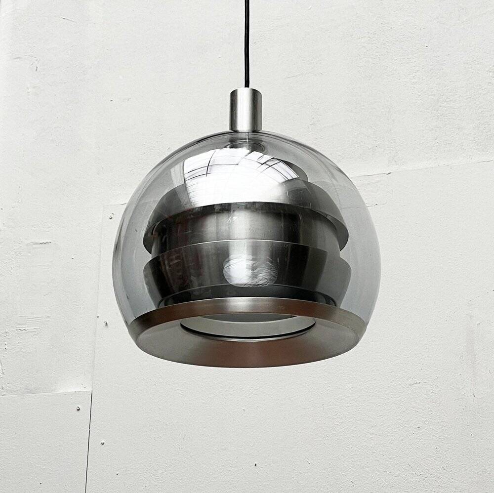 Suspended globe lamp in aluminium and glass in German Space style from the 1960s mid-century by Doria.