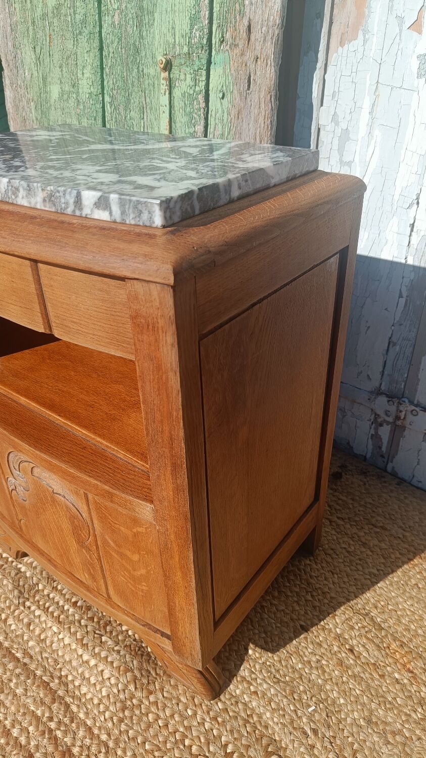 Antique bedside table in solid oak with a marble top.