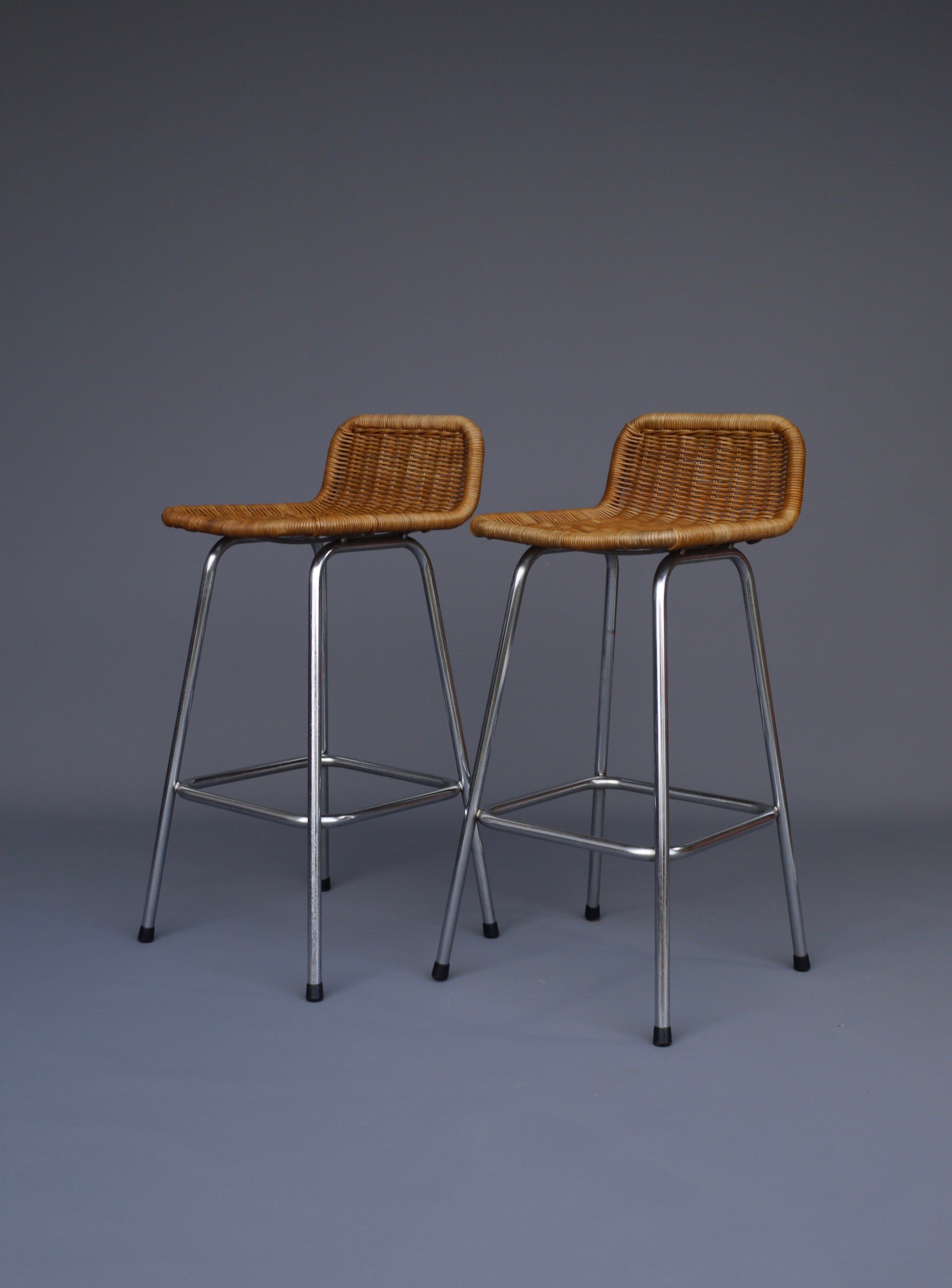 Chromed Steel and Rattan Bar Stools from Rohé Noordwolde, 1960s, Set of 2
