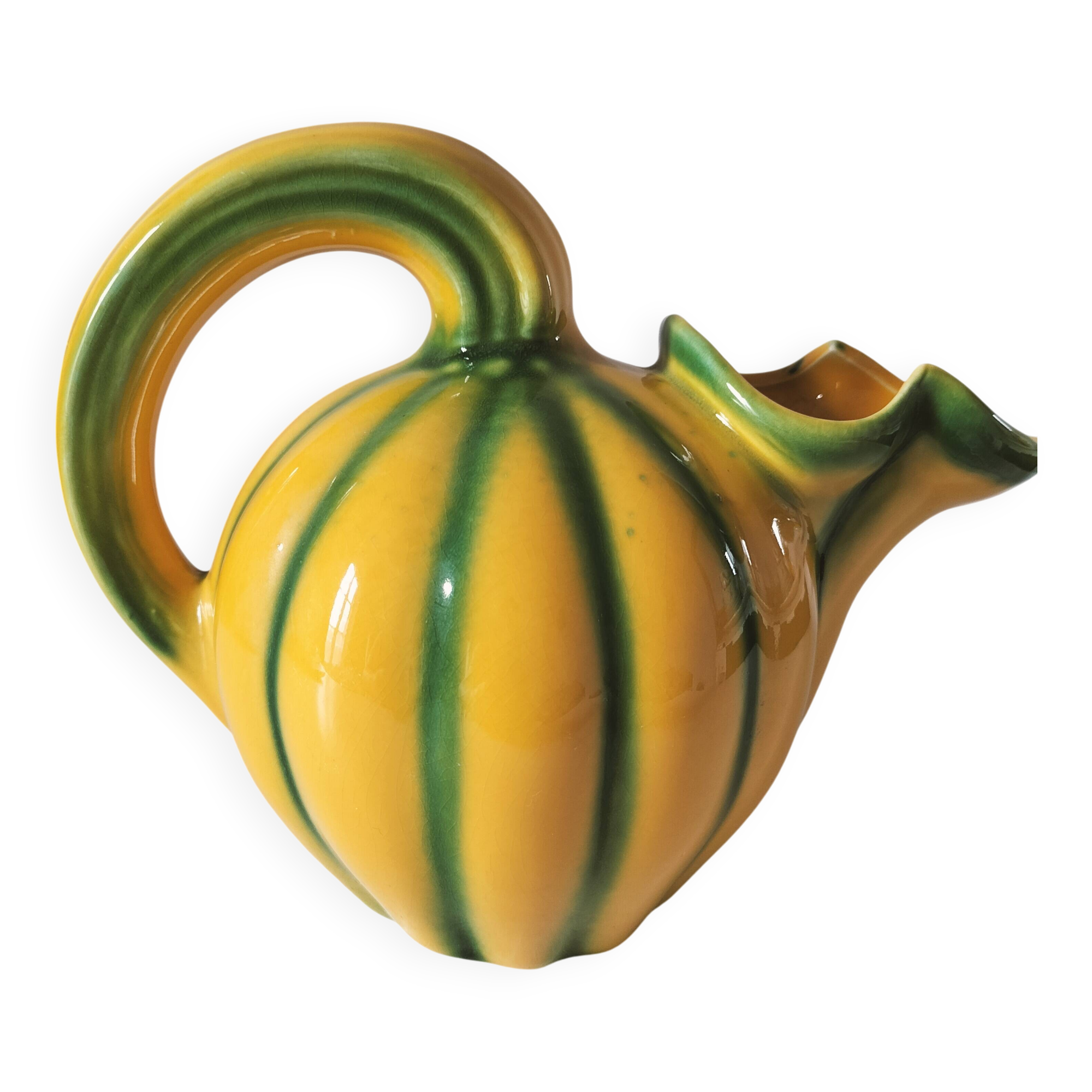 Vintage yellow and green earthenware melon-shaped pitcher – 1950s