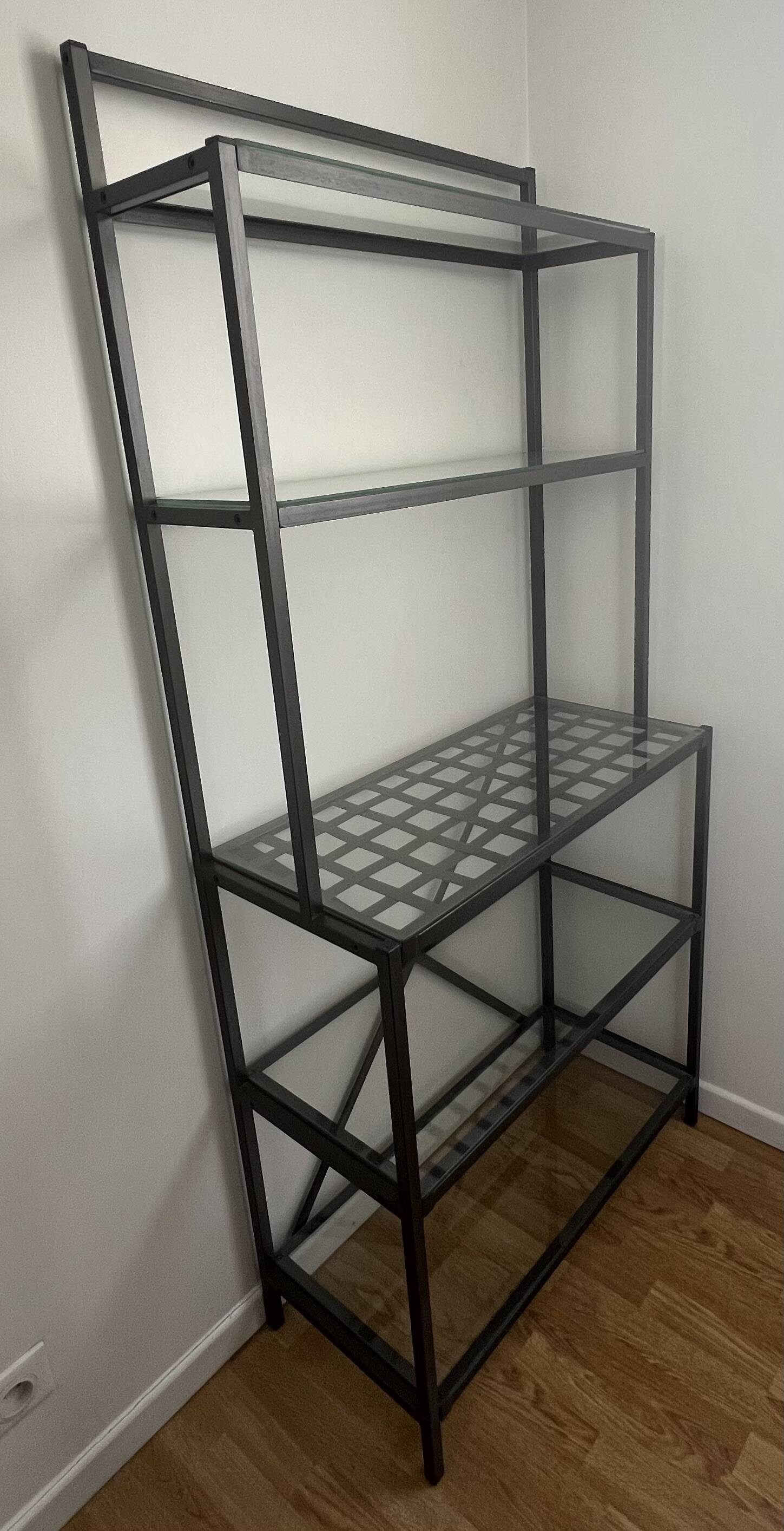Black metal designer shelf with glass shelves