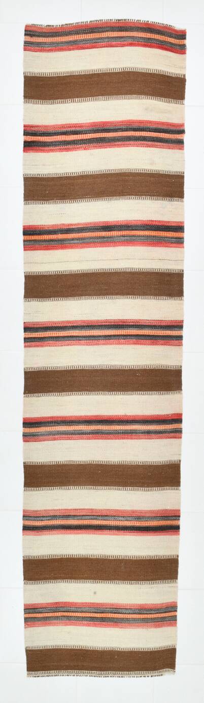 3x11 Beige Brown Striped Pattern Kilim Runner Rug, 78x327Cm