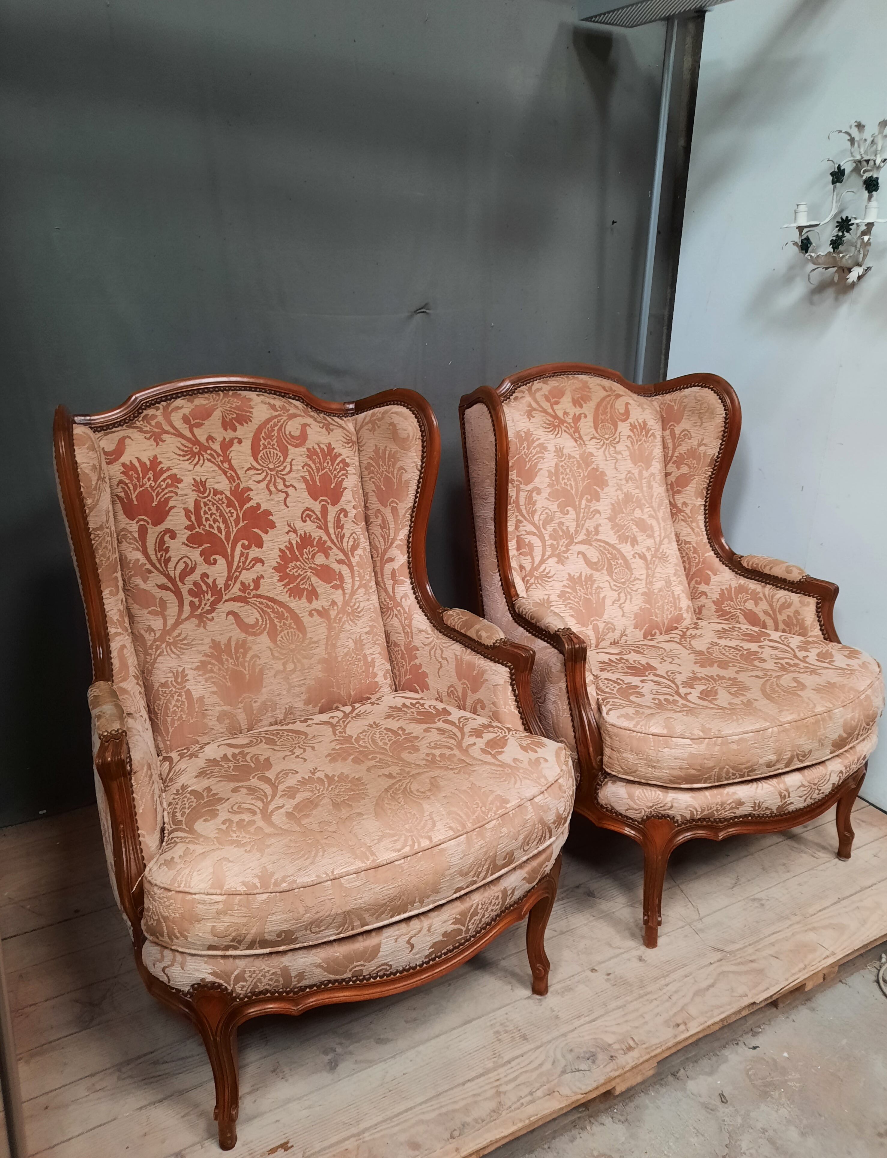 Pair of Louis XV style wing chairs