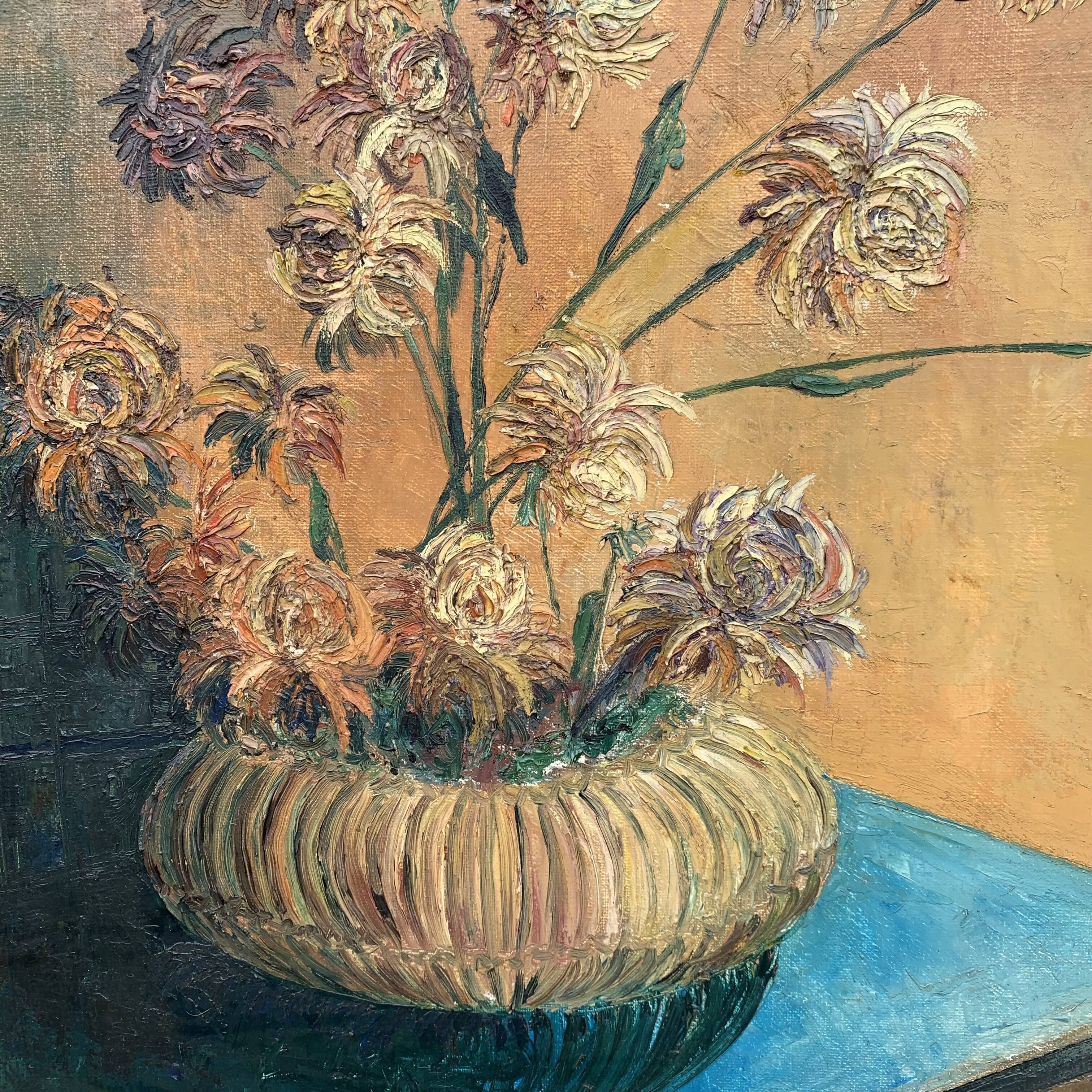 Oil on canvas still life with chrysanthemums