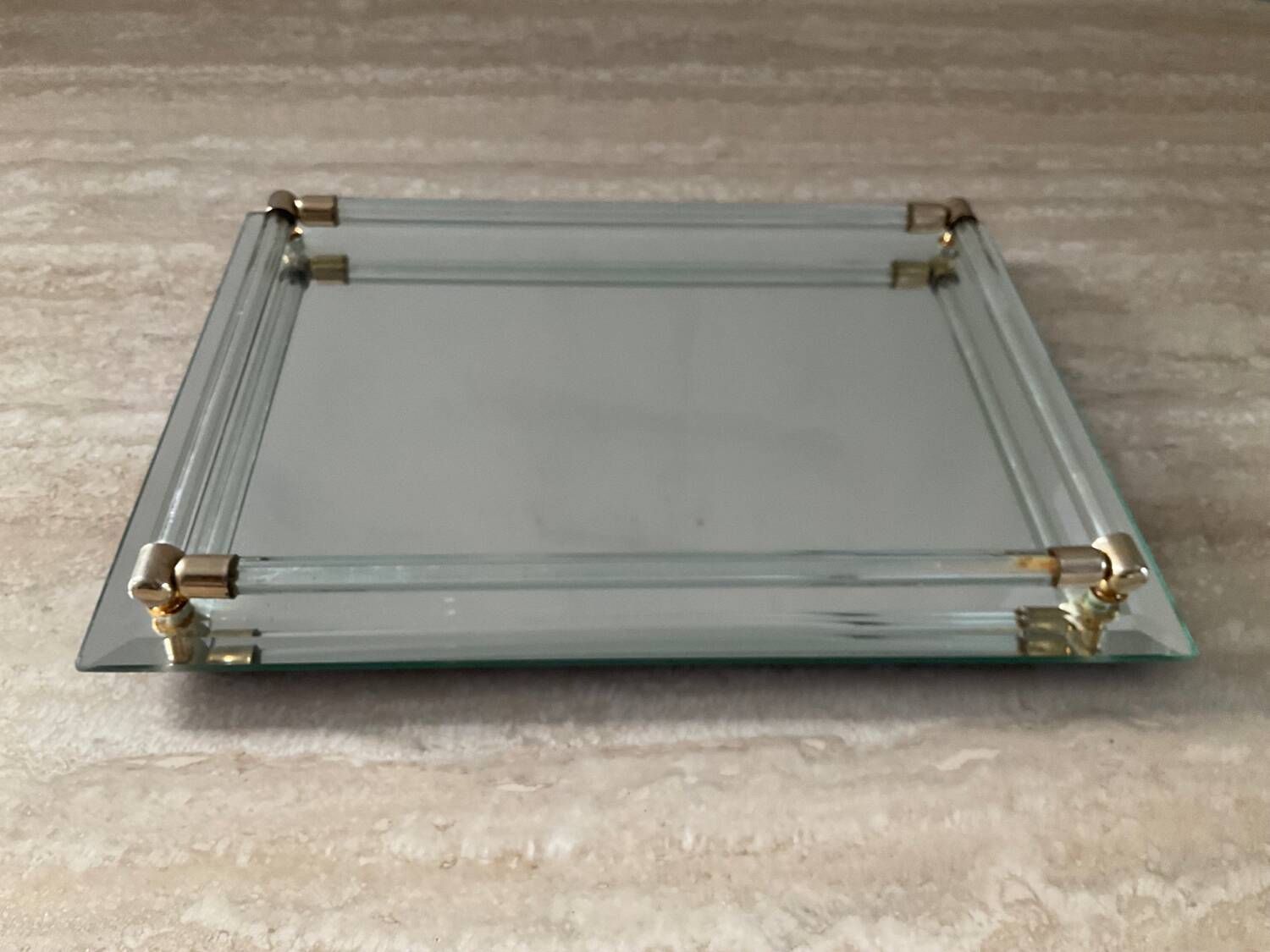 Vintage tray in glass, brass and beveled mirror 70s
