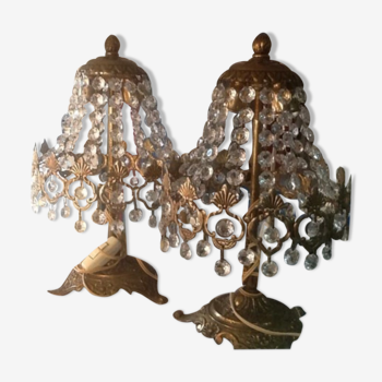 Ensemble de  2 lampes en bronze et cristal