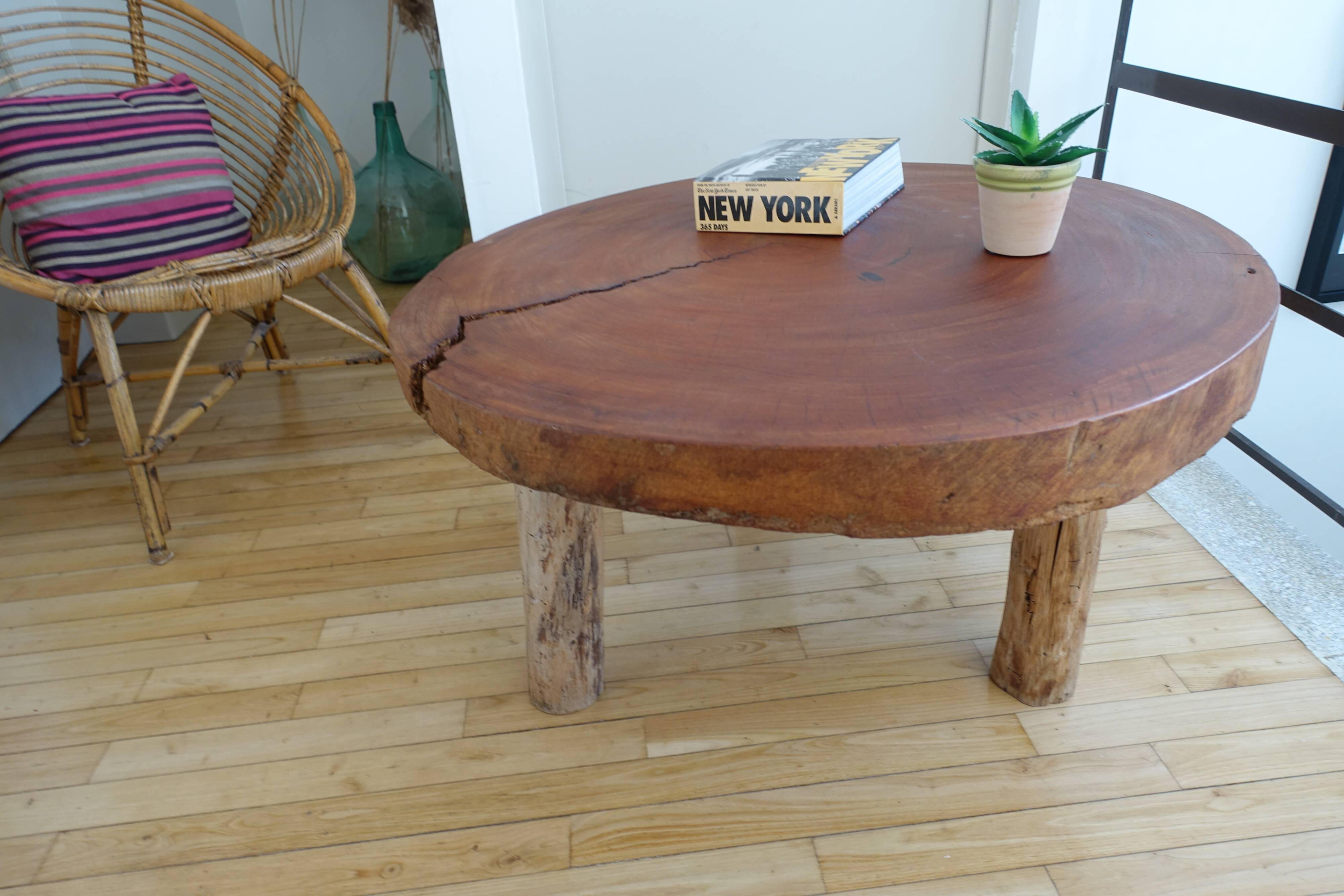 Brutalist circular coffee table in mahogany
