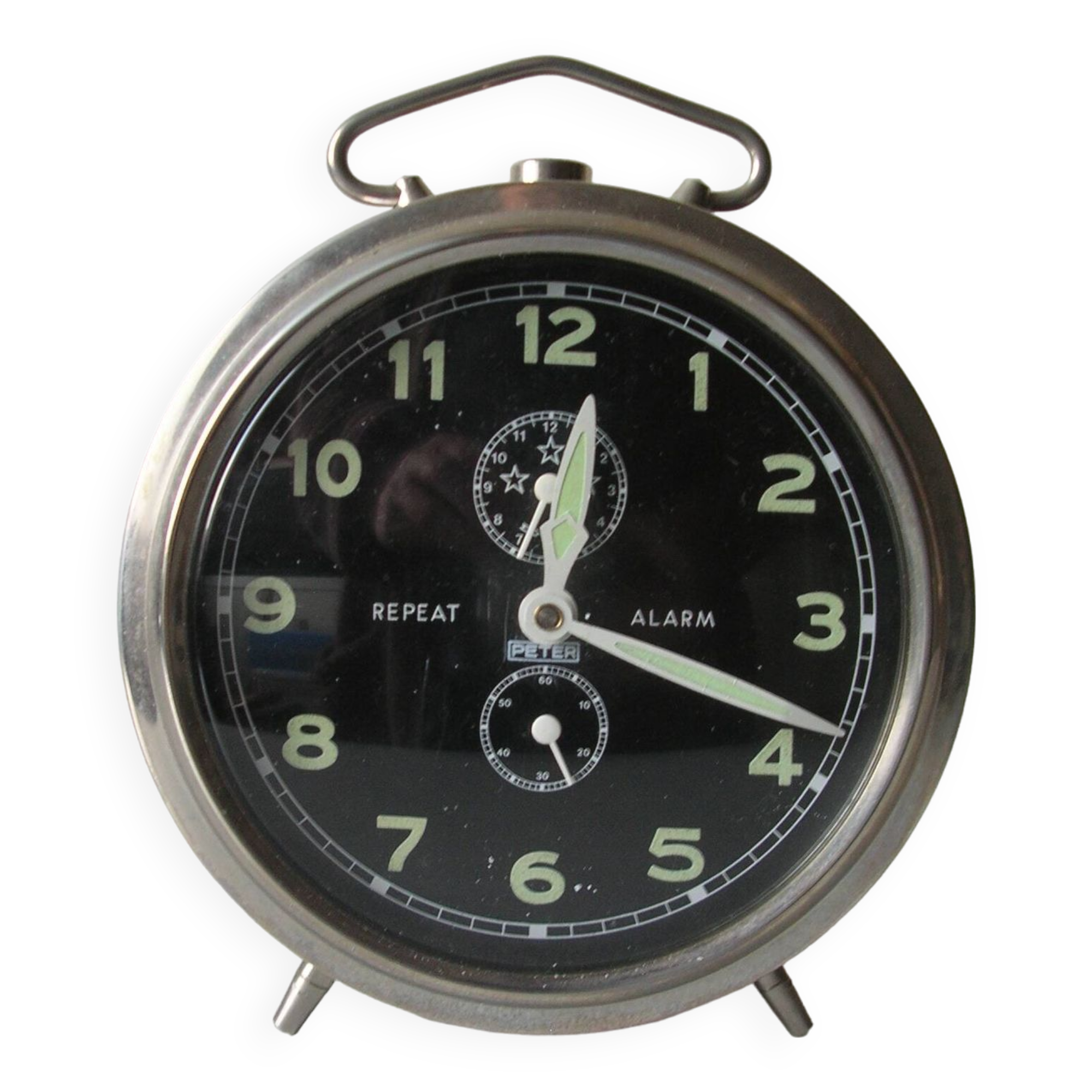 Old large mechanical alarm clock Peter Repeat Alarm chrome metal vintage retro decoration